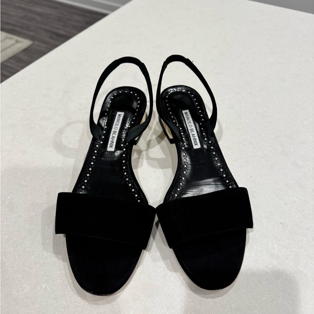 Manolo Blahnik Black Open Toed Slingback Block Heel Sandals